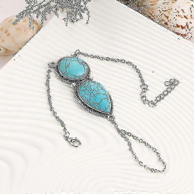 Women Boho Retro Celebrity Turquoise Slave Chain Ring Bracelet Hand Harness-antique Silver hwy