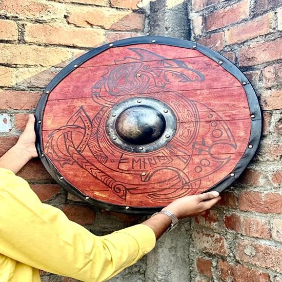 45.72 Cm Medieval Dragon Battle Worn Viking Shield, Wooden Valhalla Viking Round Shield Gift For Men, Norse Cosplay Costume Shield Halloween Gift