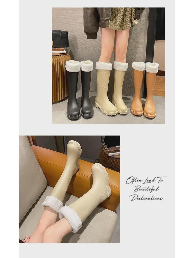 Стильные женские водонепроницаемые нескользящие длинные резиновые сапоги - износостойкая резина с теплой хлопковой подкладкой
