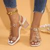 2024 New Fashion Open Toe Women's Sandals Square Heel Solid Color Casual Versatile Flower Decorated Elastic Band Zapatos Mujer