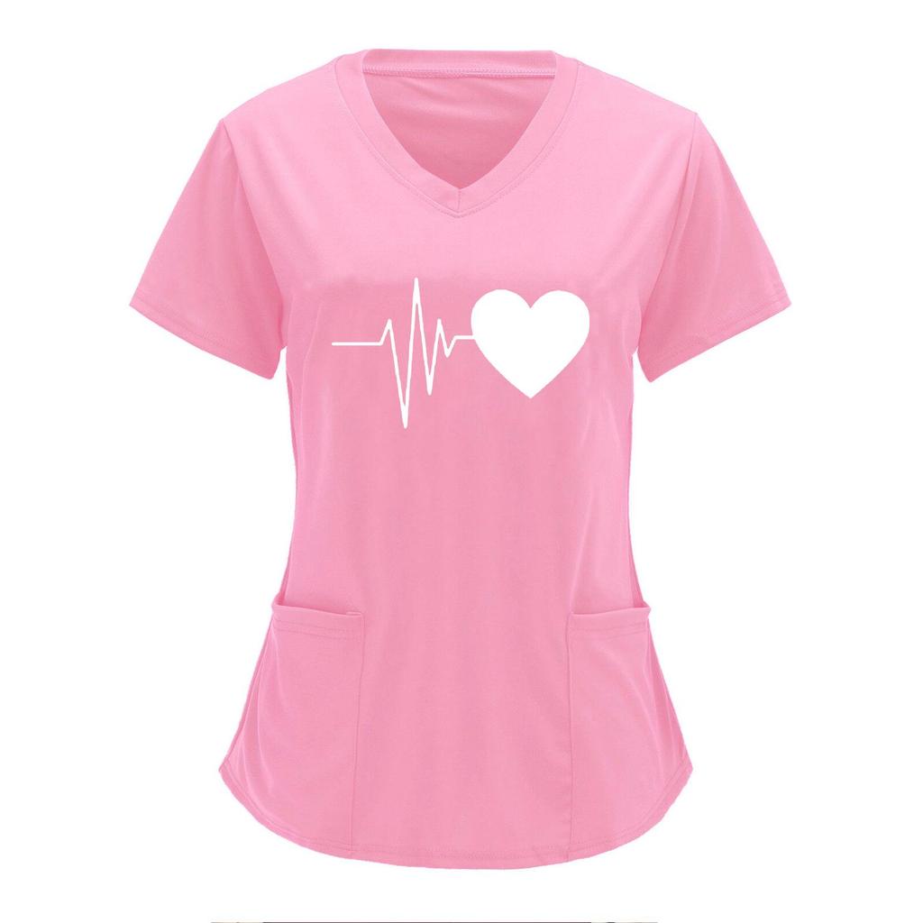 Униформа медсестры с принтом «Сердцебиение и любовь» в европейском и американском стиле, V-образный вырез, два кармана, футболка с коротким рукавом, большой размер