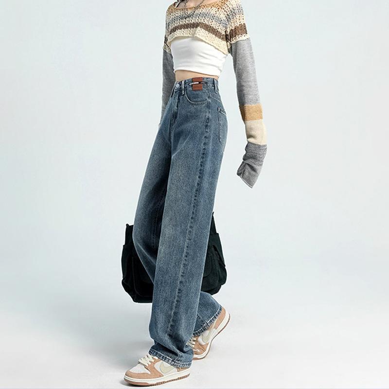 GMXIA Джинсы грушевидной формы, повседневные, с высокой талией, широкие брюки, прямые, кожаные, фирменный дизайн, ретро, брюки до пола, осень