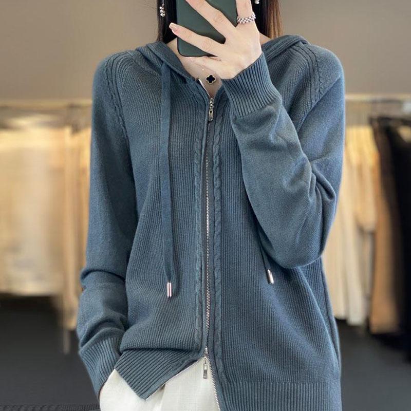 Осенне-зимний повседневный вязаный кардиган с капюшоном, простой модный стиль, свободный вязаный свитер
