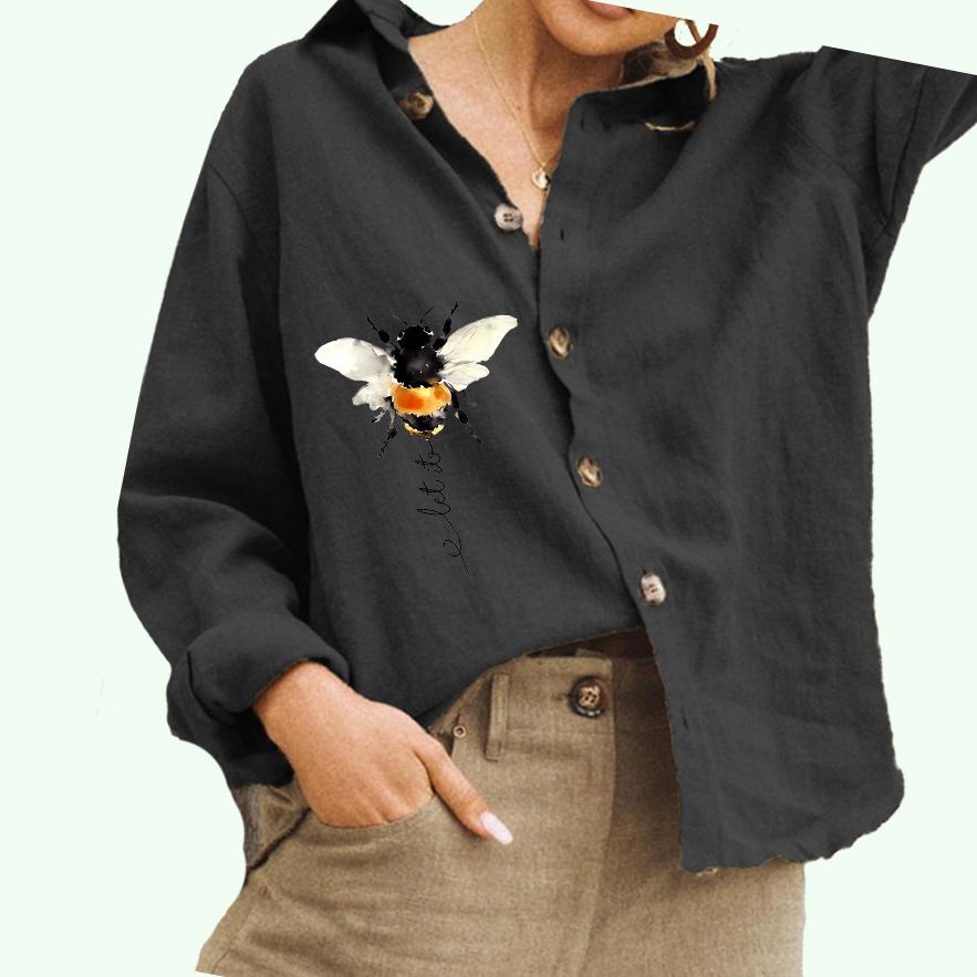 Женская модная блузка с воротником-лацканом, женская повседневная рубашка из хлопка и льна с принтом на пуговицах