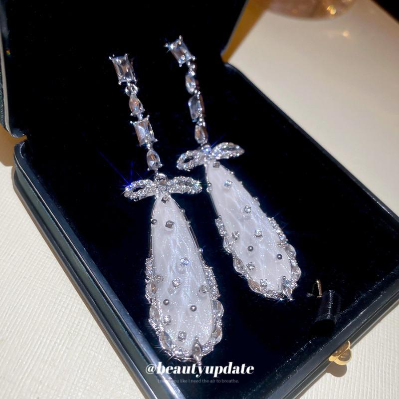 Silver Needle Zircon Bow Water Drop Earrings Cold Style Fashion Elegant Earrings Earrings Light Luxury Premium Earrings Women