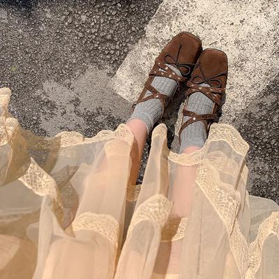 Версия из овчины~ Балетки с перекрестной пряжкой для женщин 2025 новые красные туфли Мэри Джейн с бантом одинарные туфли для женщин