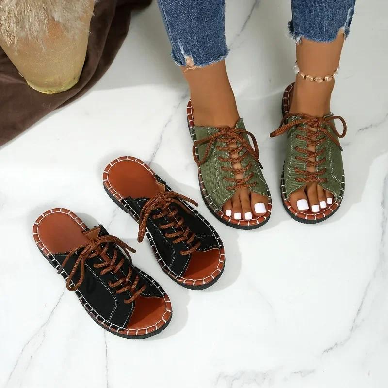 Shoes Female Brand Open Toe Women's Slippers Outdoor Casual Slippers Women Round Toe -tied Low Heel Plus Size Sandals