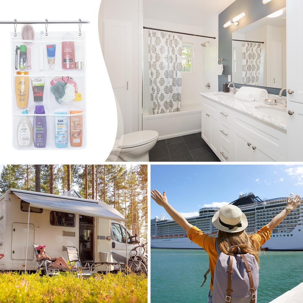 Wall Hanging Storage Bag Multiple Compartments Mesh Shower Storage Pouch Home Toiletries Organizing Bag Bathroom Accessories