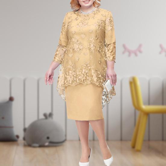 Lady Petticoats Plus Size O-neck High-Waist Plus Size Midi Dress Embroidery Lace 3/4 Sleeve Lady Evening Dress Female Clothing