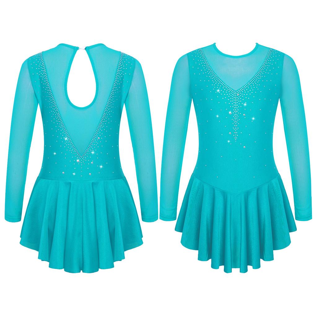 Kids Girls Stylish Dress Long Sleeve Sparkly Rhinestone Patchwork Style Gymnastics Leotard Dress Dancewear