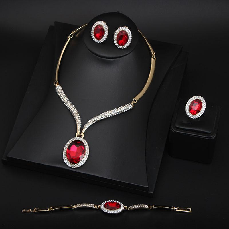 Rhinestone Crystal Big Gem Necklace Earrings Ring Bracelet Four-Piece Women'S Accessories