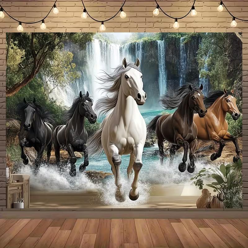 2D Скачущие Лошади Водопад Гобелен Природа Пейзаж Фон Ткань для Спальни