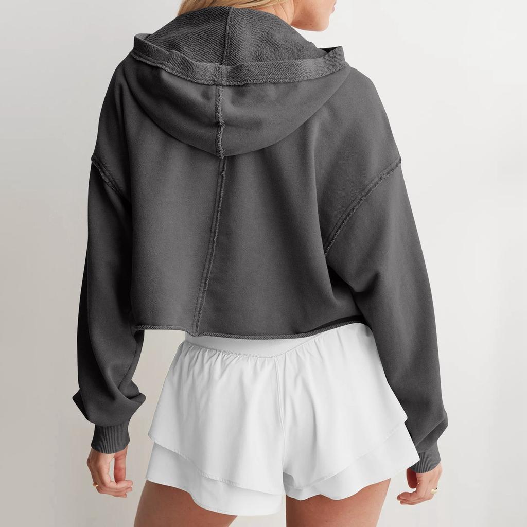 Женская модная однотонная свободная кофта с V-образным вырезом и длинными рукавами, короткая толстовка с капюшоном