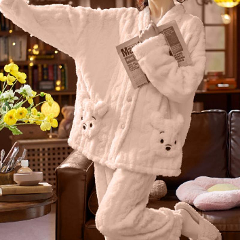 Фланелевая пижама с медведем и карманами для женщин с принтом, корейская милая повседневная свободная одежда для девочек Kawaii, осенне-зимняя теплая одежда для сна, шикарная тенденция