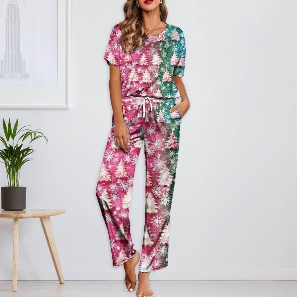 Женский шелковый атласный пижамный комплект с рождественским принтом, рубашка с коротким рукавом и длинные пижамные штаны, мягкая домашняя одежда