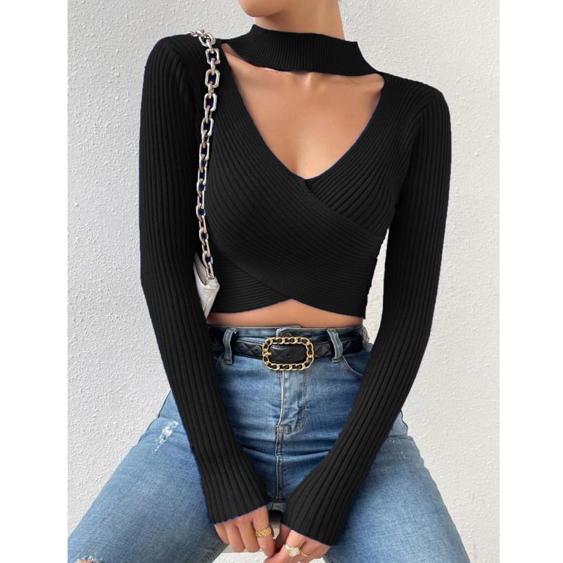 Осень-зима для женщин с длинным рукавом колье на шею с запахом укороченный вязаный свитер в рубчик повседневный пуловер одежда