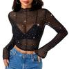 Getrays Sheer Mesh with Shiny Long Layering Mock Sheer Mesh Blouse Women's T-Shirt Sequins, Sleeve, Thin, Black, See-Through Top, Slimming, Stylish,