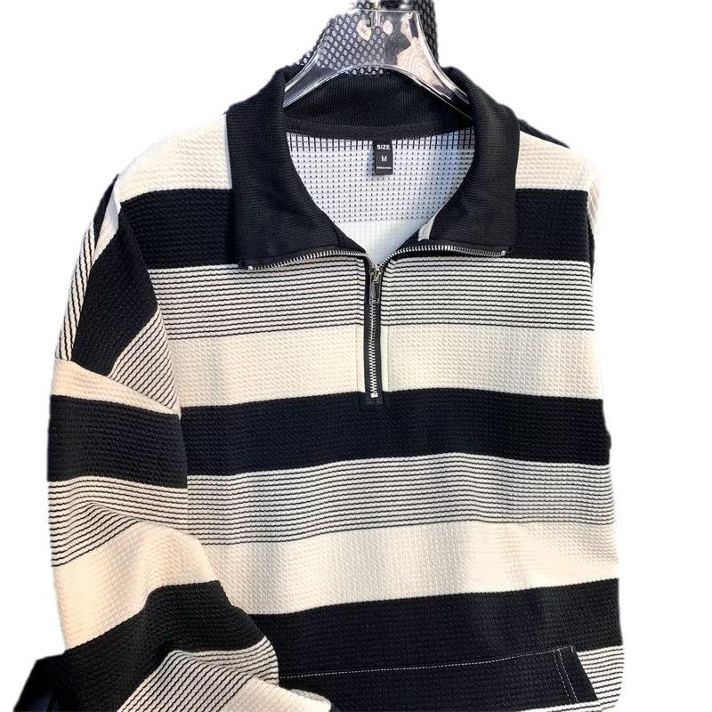 Унисекс ретро полосатая куртка свободного размера с длинными рукавами и полумолнией для осени и зимы