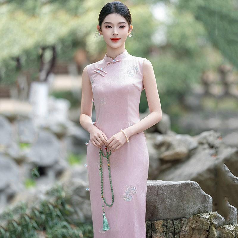 Pink Sleeveless Modern Chinese-Inspired Long Cheongsam Dress Women 2026 Retro Style With Stand Collar Side Slit