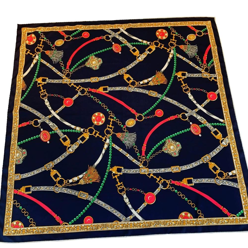 90cm Manual Hand Rolled Twill Silk Scarf Women Chain Design Printed Square Scarves Curled Foulard Femme Bandana Hijabs