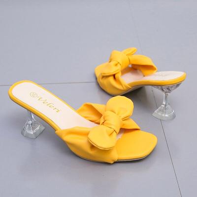 Милые тапочки, женские шлепанцы, повседневные прозрачные странные туфли на высоком каблуке, женские летние тапочки с узлом-бабочкой, большие размеры