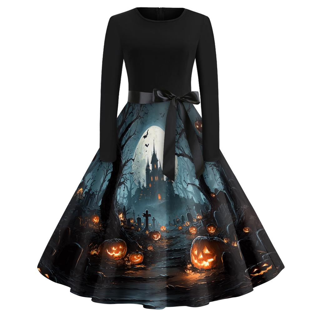 Women's Casual Long Sleeve Vintage Dress Halloween Printed Round Neck A-Line Midi Dress with Waist Tie Belt Retro Style