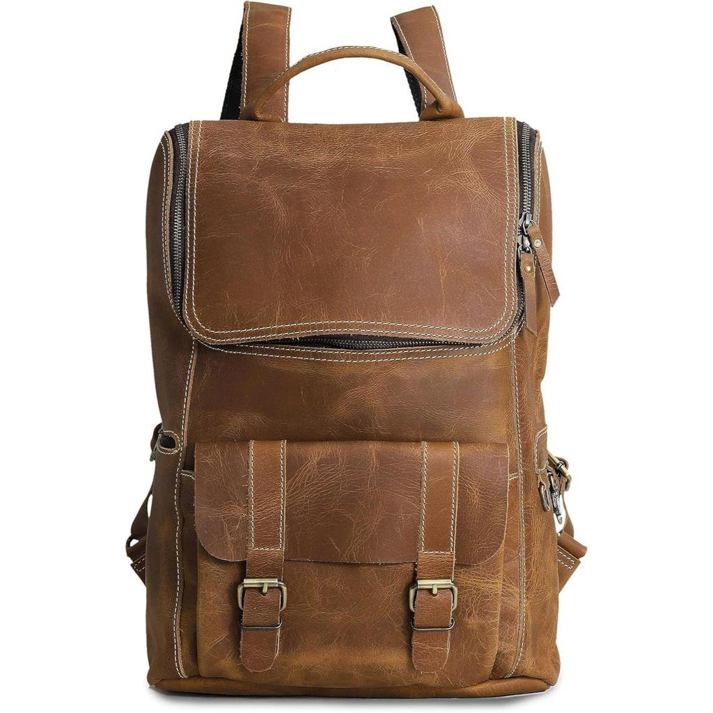 Full Grain Leather Backpack for Men - 17 Inch Laptop Bag - Vintage Travel Rucksack - Casual Daypack for Womens