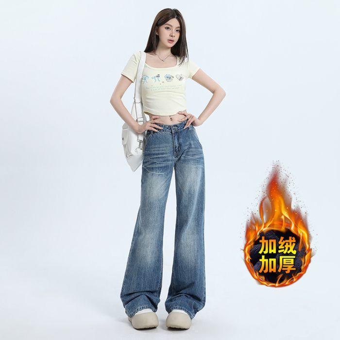 Winter Fleece Thickened Low Waist Drape Flared Jeans Women's WOMEN