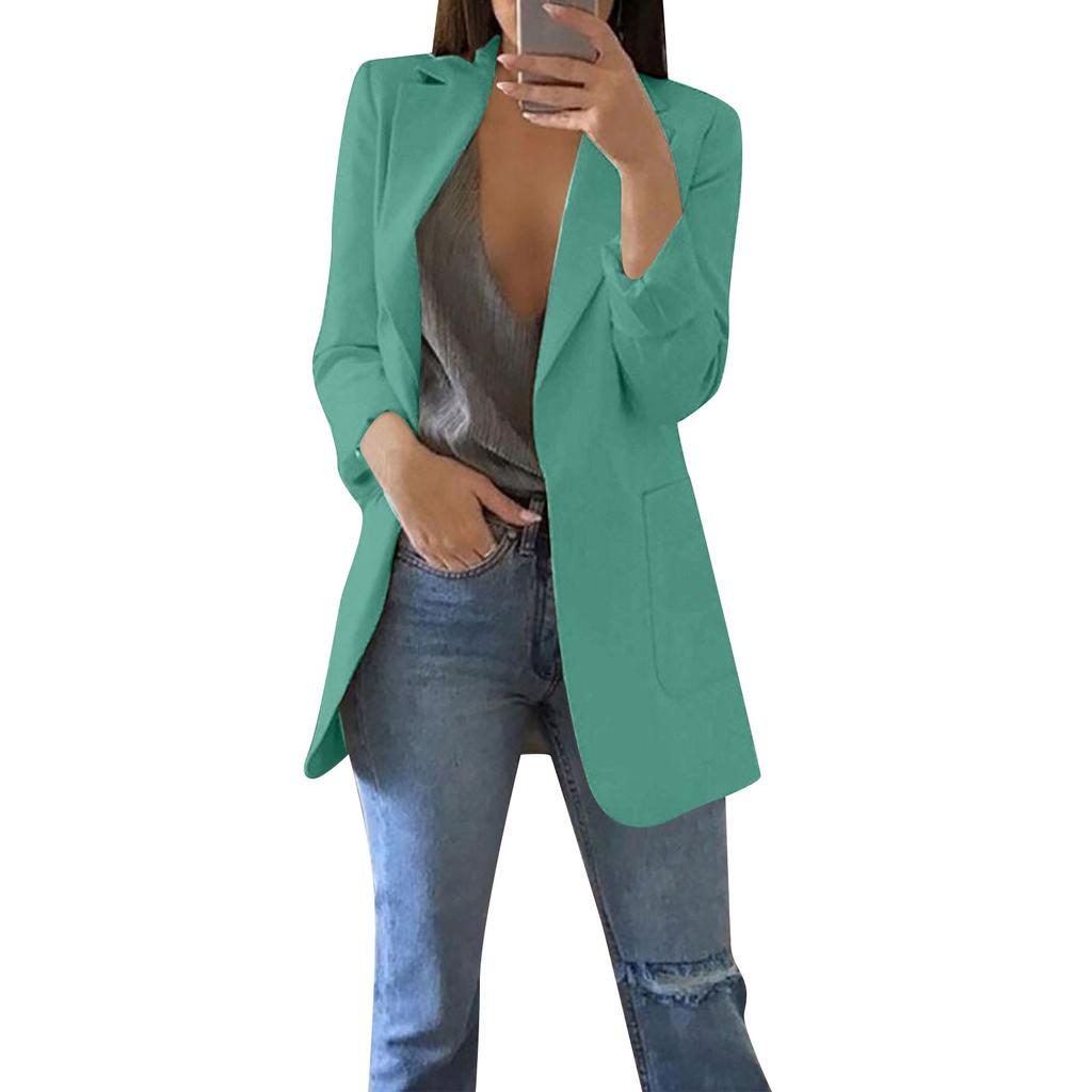 Women Solid Open Front Pockets Cardigan Formal Suit Long Sleeve Blouse Coat