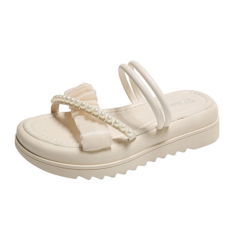Fairy Wind Slippers Outer Wear Female Summer 2025 New Pearl Design Lace Gentle Thick Bottom Two Wear One Word Sandals
