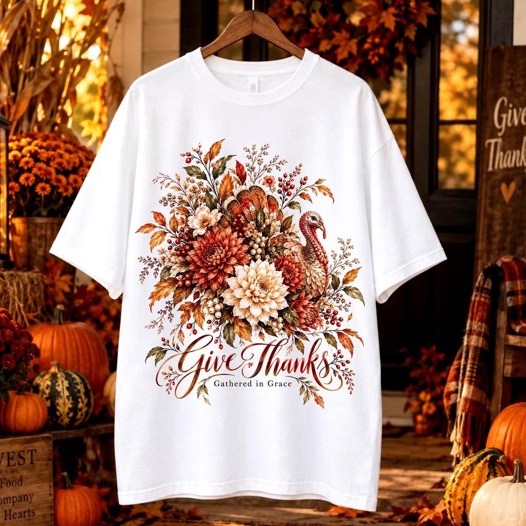 Give Thanks Turkey Floral T-Shirt | Thanksgiving Fall Harvest Botanical Tee