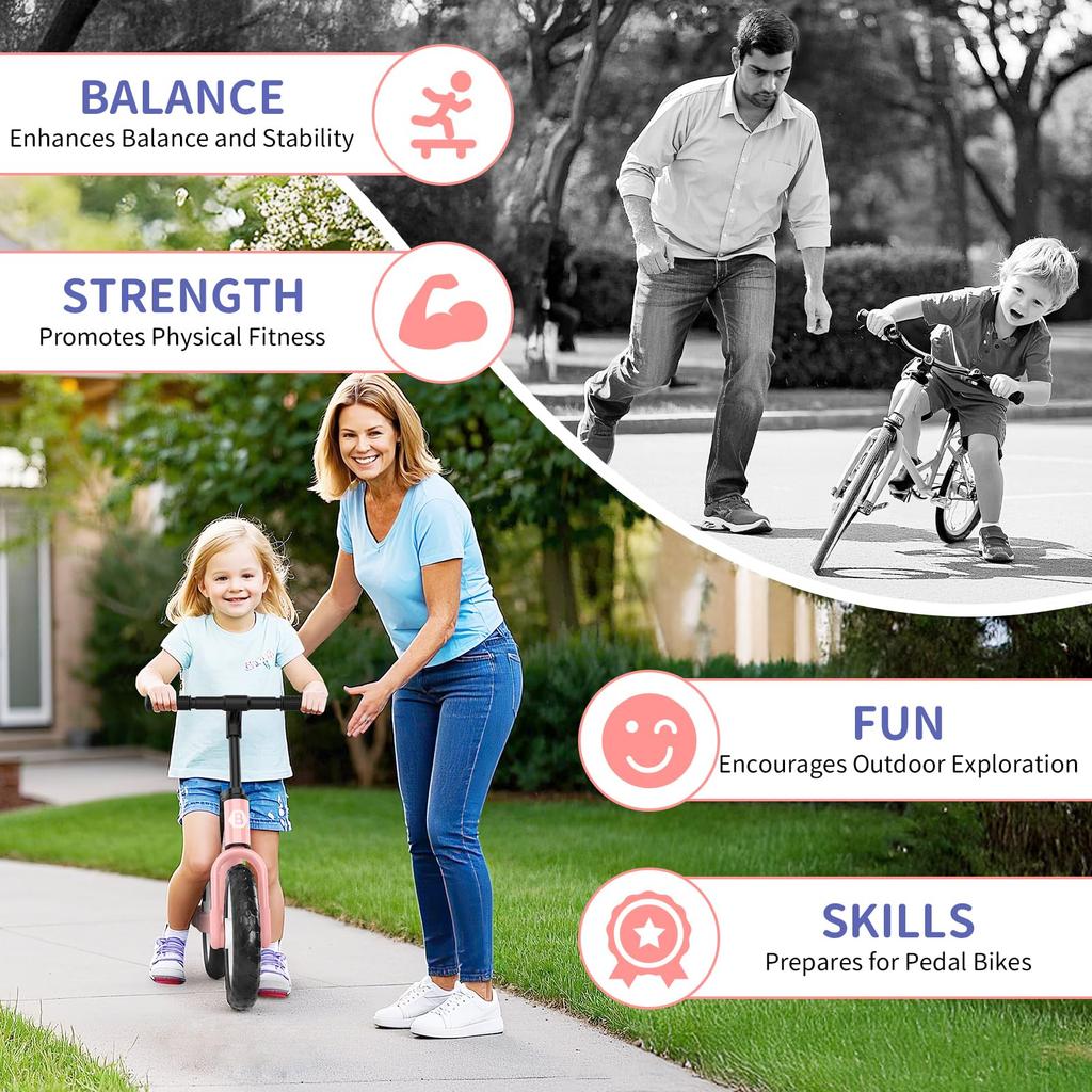 BELEEV Kick Bike, 12-inch, No-Pedal Bike for Ages 2-6, Lightweight & Adjustable Seat & Handlebars, Illuminated Wheels & Carry Strap (Pink)