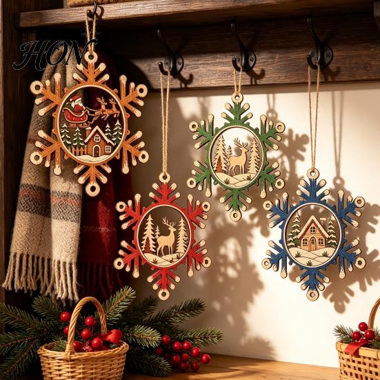 Lightweight Wooden Xmas Tree Hanging Set 4 Pcs Christmas Snowflake Ornaments, Rustic Decoration with Decorative Shapes for Gift Tags Elk Village House
