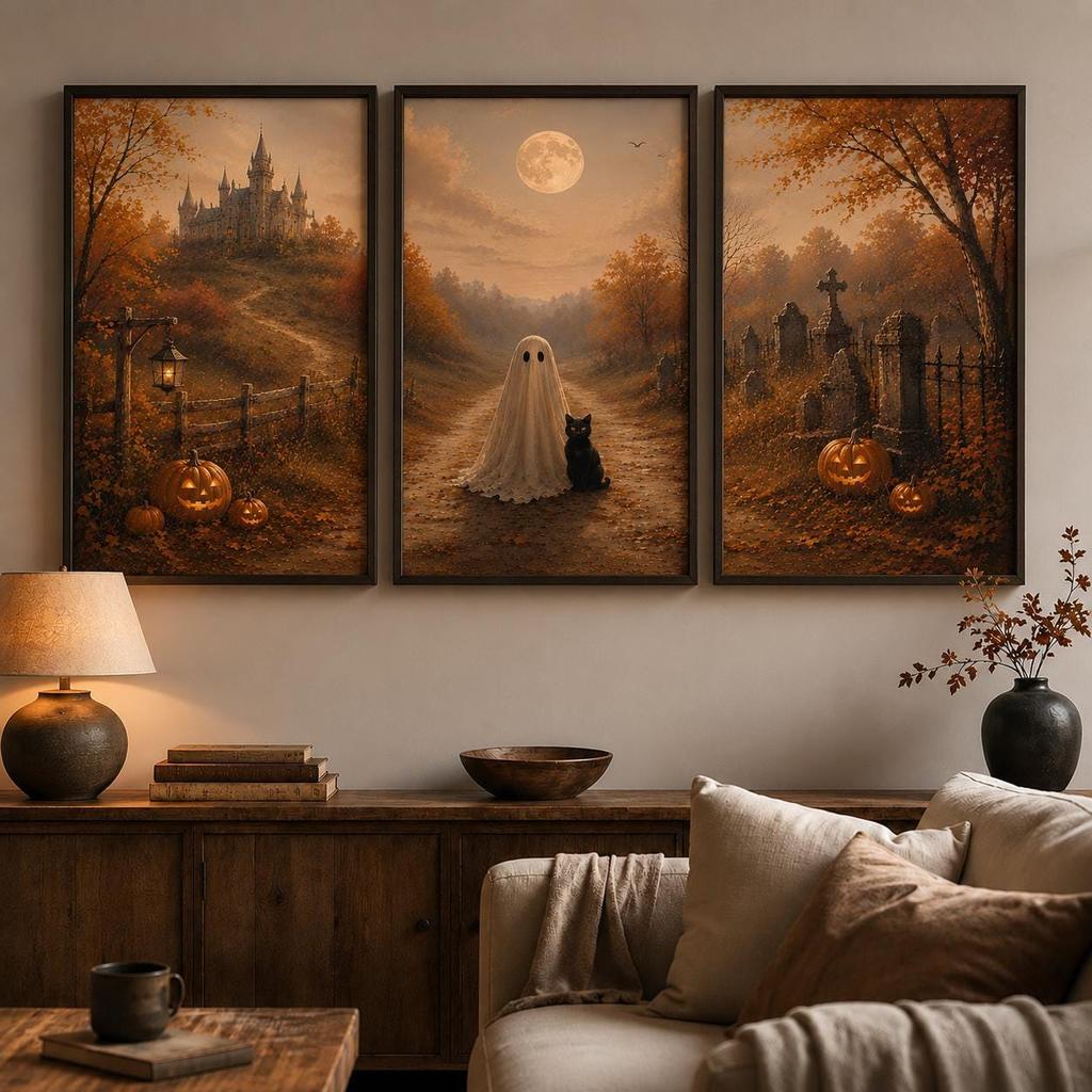 3pcs Vintage Halloween Wall Art Autumn Halloween Prints Spooky Fall Decor Canvas Poster Prints Home Bedroom Living Room Decor
