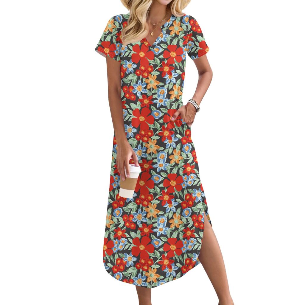 Женское длинное платье-рубашка с V-образным вырезом, повседневное, с коротким рукавом и свободным разрезом