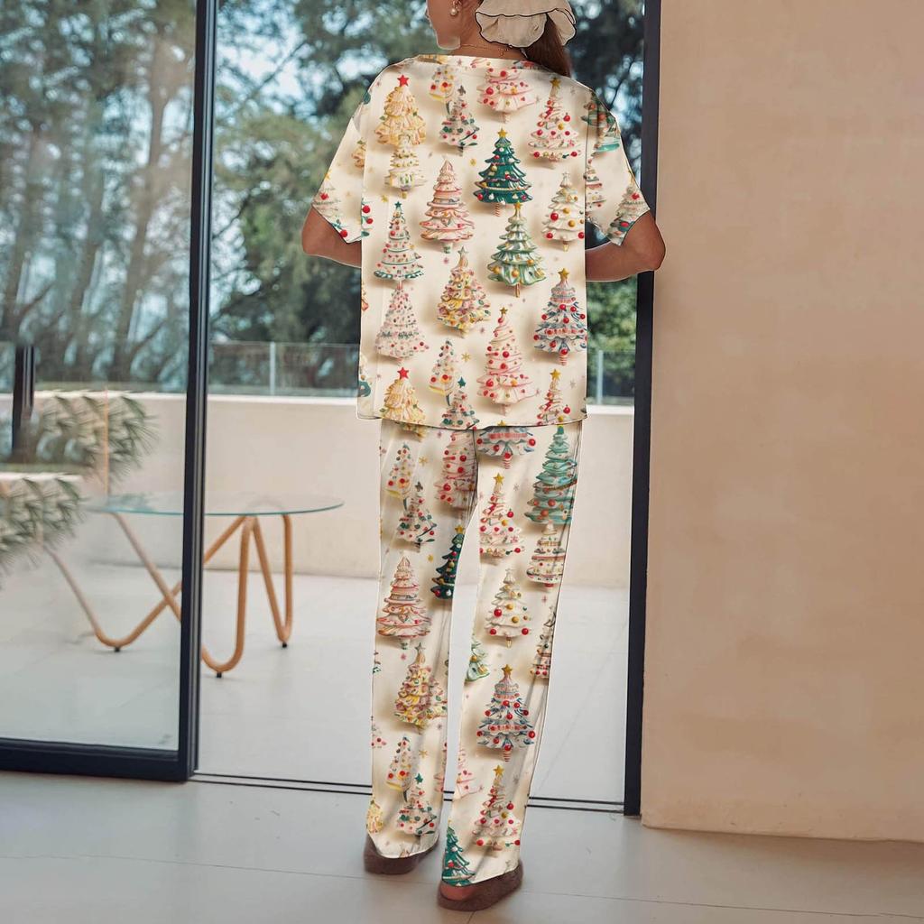 Женский шелковый атласный пижамный комплект с рождественским принтом, рубашка с коротким рукавом и длинные пижамные штаны, мягкая домашняя одежда