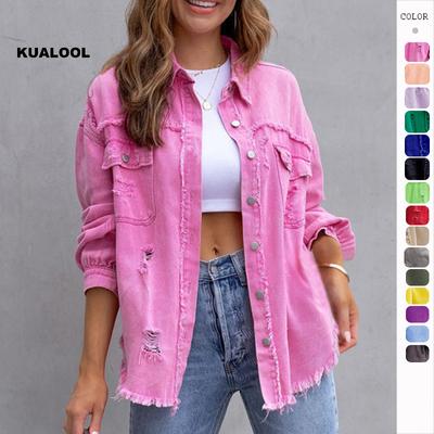 Новинка 2024 года, джинсовое пальто средней длины с перфорацией для женщин, осенне-зимний повседневный топ с откидным воротником и длинными рукавами