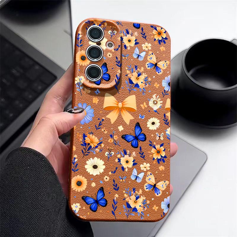 Синий Бабочка Цветочный Чехол Для Samsung S26 S25 S24 Ultra S23 S22 S21 FE A15 A16 A17 A26 A35 A36 A37 A54 A55 A56 A57 5G Кожаная Текстура Силиконовая Крышка