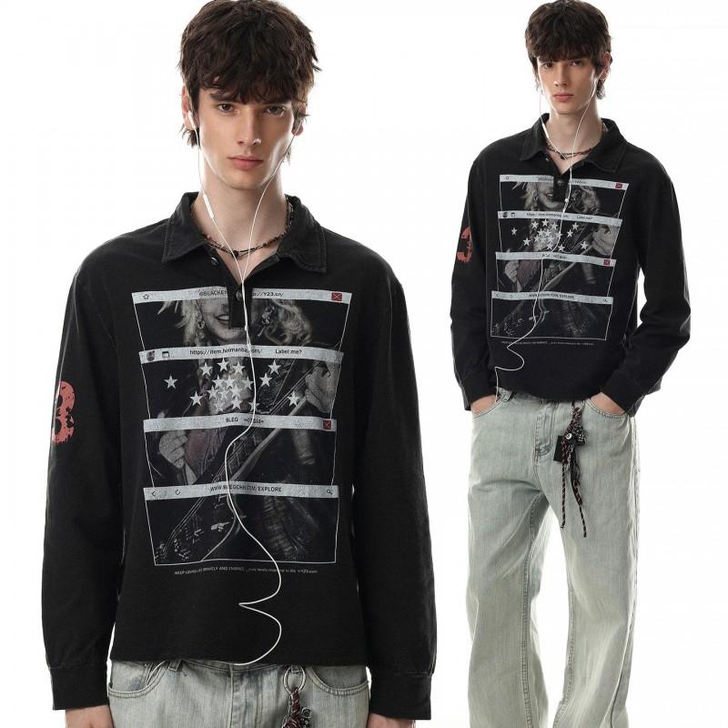 Unisex Vintage Washed Graphic Print Collared Long Sleeve Tee Cotton Blend Casual Top Men Women