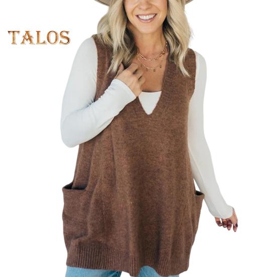 Женский свитер с V-образным вырезом, без рукавов, однотонный вязаный жилет с карманами, ребристая отделка, свободный крой, средняя длина, повседневный трикотаж