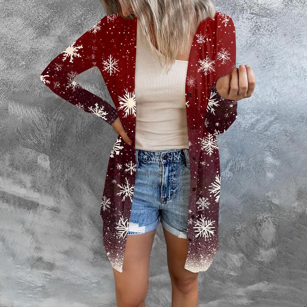 Women's Fashion Casual Long-sleeved Print Medium Length Cardigan Button Jacket Coat