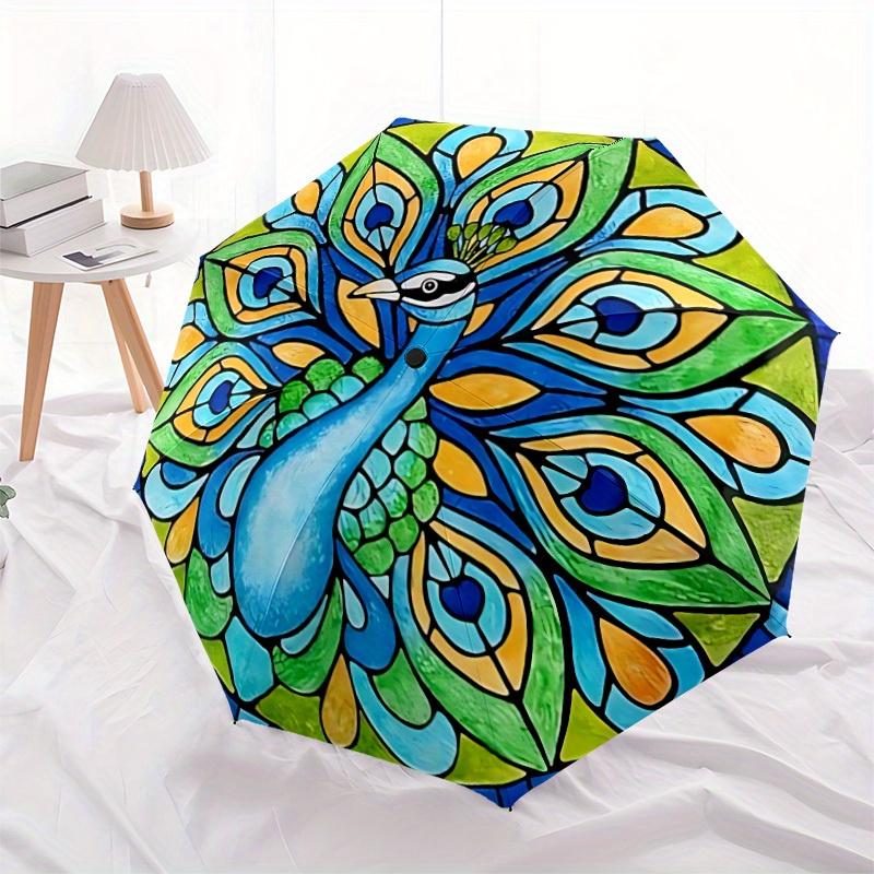 1pc Peacock Stained Glass Automatic Umbrella - 8-Rib Foldable Design, Outdoor Adventures, and Family Celebrations yy250829030