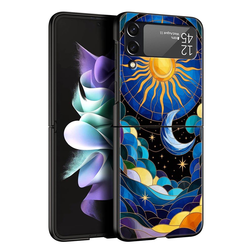 Красивый Чехол-Блокнот Sun Moon Glass Hard PC для Samsung Galaxy Z Flip 7 6 5 4 Черная Крышка для Galaxy Z Flip 3 Складная Сумка-Оболочка