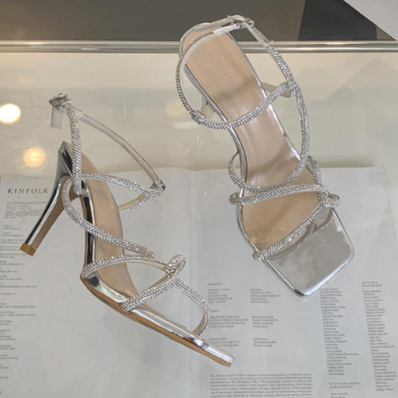 Женские элегантные босоножки с кристаллами, квадратным открытым носком, пряжкой, высоким каблуком, сексуальные туфли для банкета и вечеринки