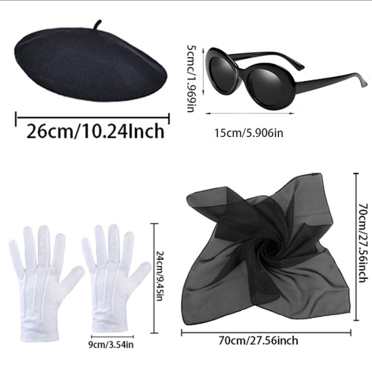 PESENAR French Style Costume Accessory Set with Beret, Sunglasses, Bow Scarf and White Gloves