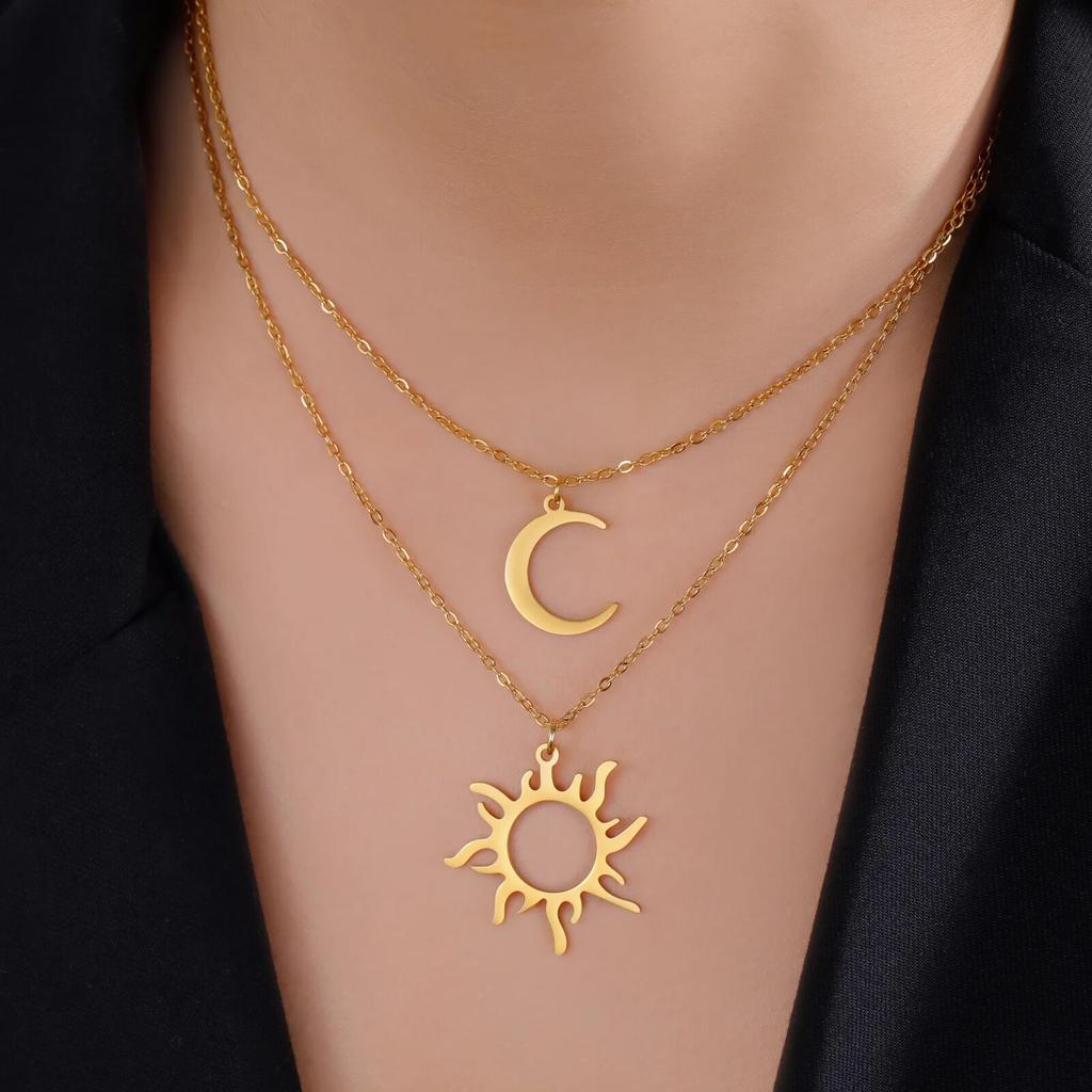 Sun Totem and Moon Pendant Necklace Women Fashion Stainless Steel Clavicle Chain Jewelry Friends Gift