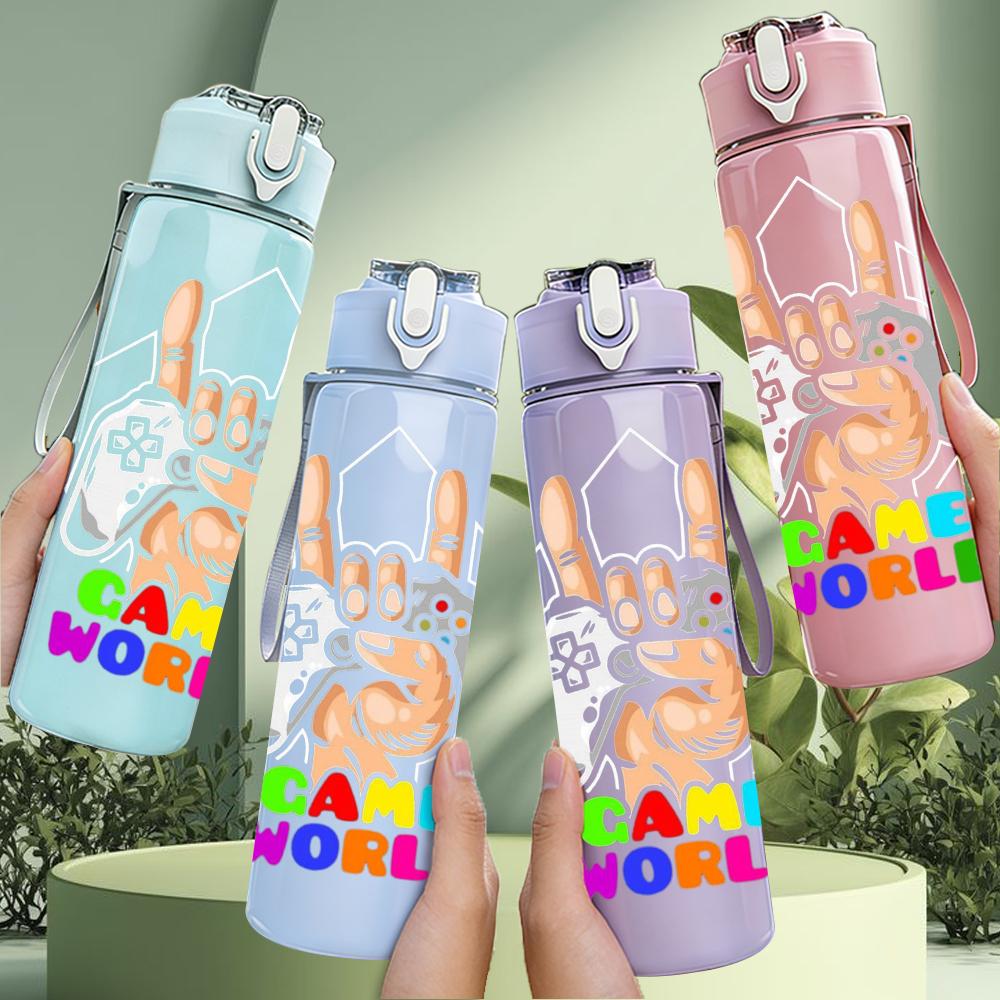 1PC Bunny Hand Game World Color 750ml Color Plastic Sports Water Bottle Leakproof Flip Straw Lid Suitable for Sports Office Home Use