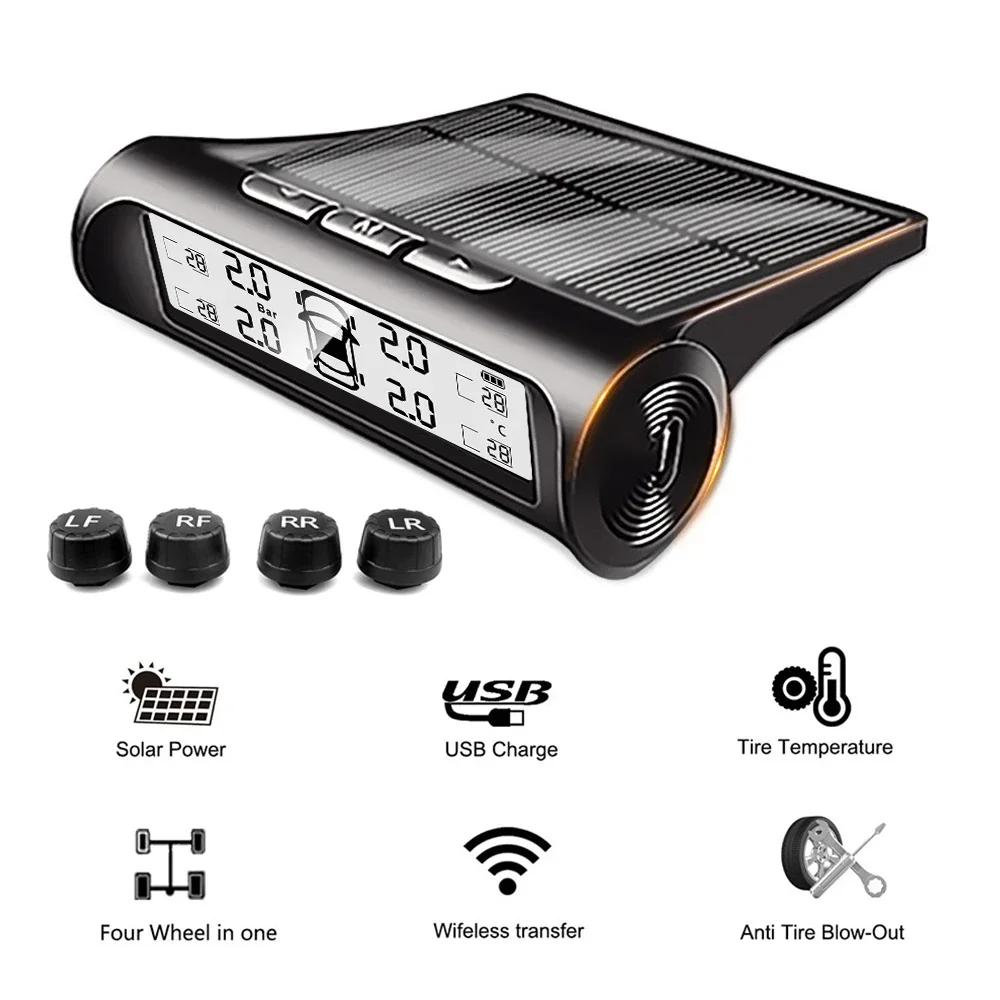 Smart TPMS Solar Tyre Pressure Monitoring System 4 Sensors Display Solar Intelligent Car Tyre Pressure Air Pressure Gauge