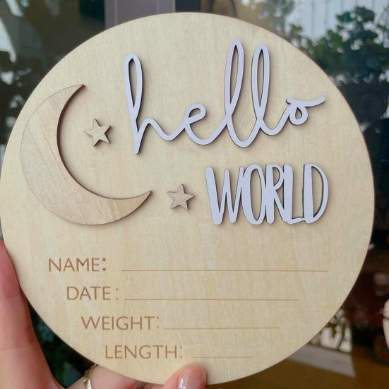Привет, мир, новорожденный, дизайн луны и звезд, деревянная доска для объявления о рождении, табличка с именем ребенка, приветственный знак для новорожденного, декор детской комнаты, подарок на празднование рождения ребенка