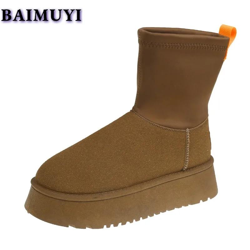 Женские платформенные балетки Зимние сапоги Мех Теплые хлопковые туфли Замшевые ботильоны Зимние плюшевые Женские 2025 Тренд Бренд Кожа Готические Ботинки Женские